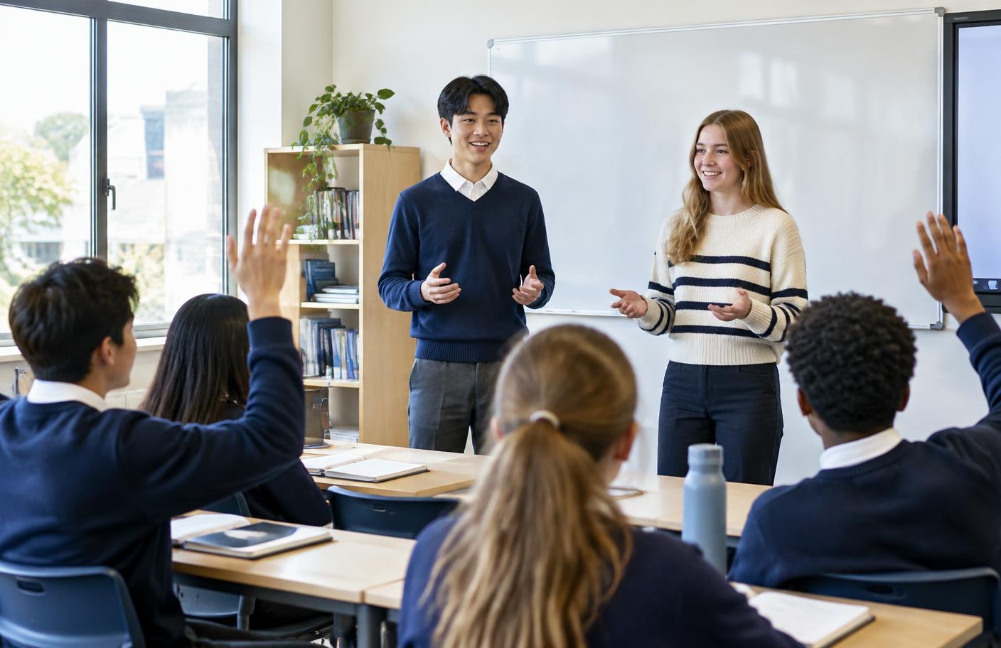 Chinese and French secondary students presenting together during an English communication enrichment session
