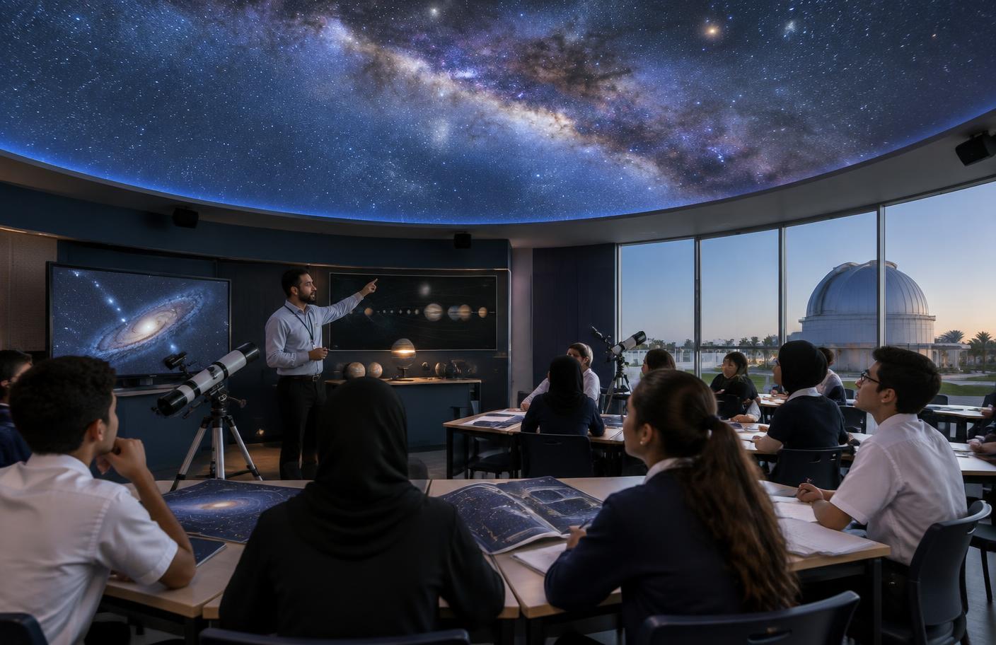 Secondary students in a classroom planetarium beneath a galaxy projection, with an observatory dome outside
